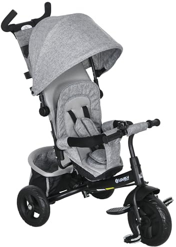 HOMCOM Dreirad 6-in-1 mit Schubstange für 1-5 Jahre Kinder bis 25kg, Kinderdreirad mit Vorwärts und Rückwärtsfahrt, Korb Tasche Becherhalter Sonnendach, Grau