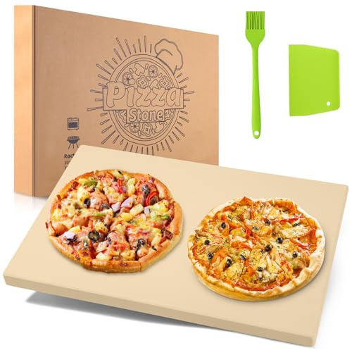 NumRise Pizza stone,20 x 13.5 Large Rectangular Pizza stone for Oven and Grill, Heavy Duty Cooking Stone Includes Free Plastic Scraper, Silicone Brush, Cordierite Baking Stone for Pizza, Bread, BBQ
