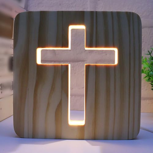GOMETY Jesus Kreuz Nachtlicht, 3D Holzschnitzerei LED Nachtleuchte Warmweiß, USB Tischlampe Schlafzimmer Dekoration, Religiöses Geschenk für Christen Ostern