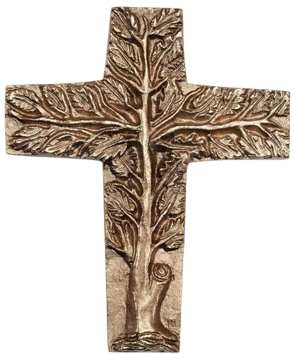 Kleines Kreuz Lebensbaum Wandkreuz aus massiver Bronze gold 16,5 x 20 cm als Geschenk zu Weihnachten, Hochzeit oder als modernes Grabkreuz