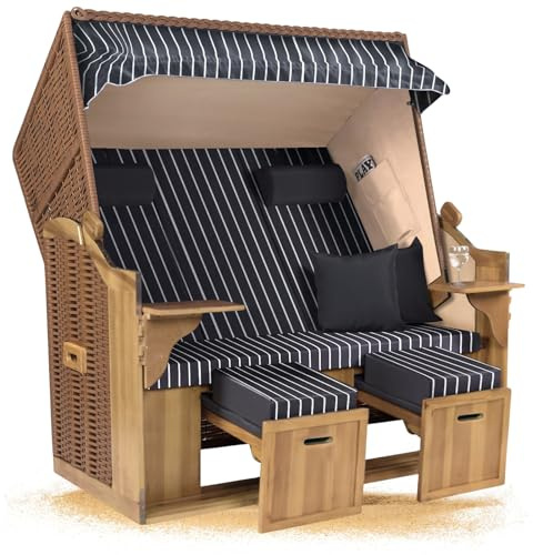 Strandkorb Hanse Ostsee XXL 2,5 Sitzer Volllieger Natur Beige 150cm breit, ideal für Garten, Terrasse und Balkon (Grau Weiß Nadelstreifen, Zerlegt)