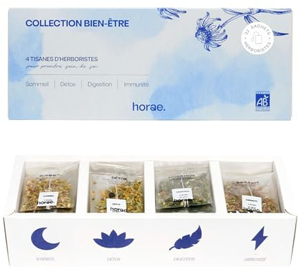 Horae - Coffret tisanes et infusions bio à offrir - Assortiment 4 tisanes bien-être - 32 sachets - Fabriqué en France - Idée cadeau femme