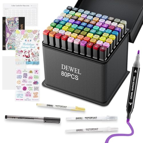DEWEL feutres à alcool, twinmarkers double pointe à séchage rapide – marqueurs pour coloriage, dessin, croquis et esquisse – avec étui de rangement, accessoires de dessin inclus (80 couleurs)