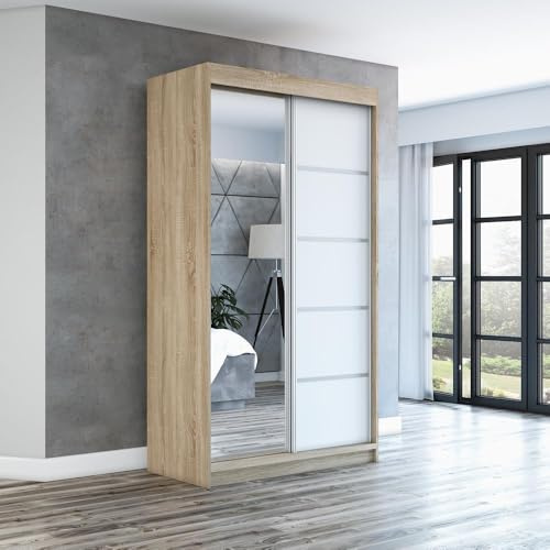 A&J MöbelLand Schwebetürenschrank GAPI Kleiderschrank 2-türig mit Spiegel, Garderobe 120 cm (Sonoma/weiß/weiß)