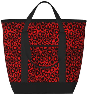 asbwuo Sac cabas isotherme rouge à imprimé léopard – Grand format, imperméable et adapté au contact alimentaire, idéal pour faire les courses, déjeuner, pique-niquer et emporter des plats.