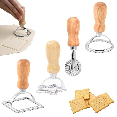 4Pcs Ravioli Cutter Set,Ravioli Cutters Mold with Fluted Edge,Wooden Handle | Ravioli Stamp Maker Cutter Set for Ravioli Pastry Pasta Dumplings Cookies