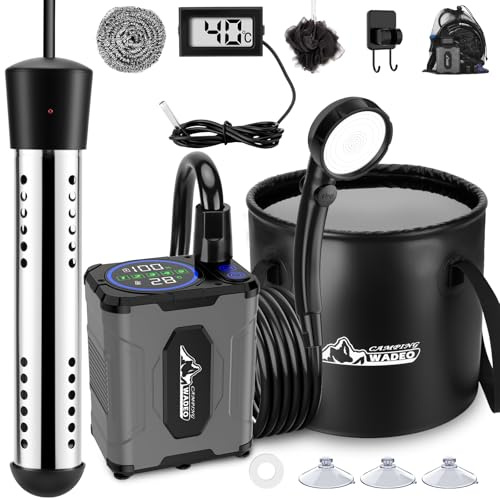 WADEO Tragbare Dusche mit Pumpe und Tauchsieder, Duschpumpe-Set 6000mAh mit Heizfunktion und 20l Wasserbehälter, wiederaufladbare Campingduschpumpe mit Temperaturanzeige, für Reisen Wandern Garten