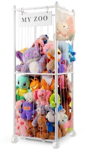khlerox Massivholz Kuscheltier Aufbewahrung mit 360° Rollen & Bremse – inkl. Baumwollnetz, Plüschtier Organizer für Kinderzimmer, Spielzimmer & Wohnzimmer(Weiß, groß)