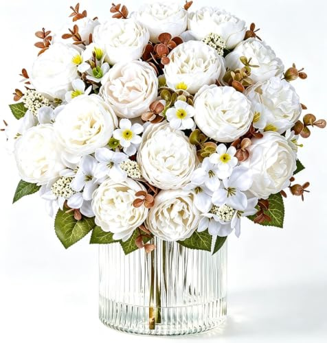 DEMIUKO Bouquet d'hortensias artificiels blancs - Fleurs de printemps - Roses artificielles comme de vraies fleurs en soie - Décoration d'intérieur pour mariage, fête, cuisine, table, maison