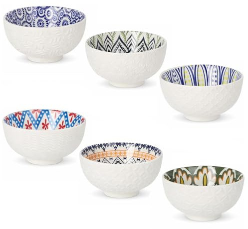 Juego de 6 Cuencos de Porcelana para Aperitivo, Boles Decorativo Blanco con Diseño Geométrico Interior, Tazones para Desayuno, Postres y Ensalada, Apto para Microondas y Lavavajillas, Ø 15.3 x 7.2 cm