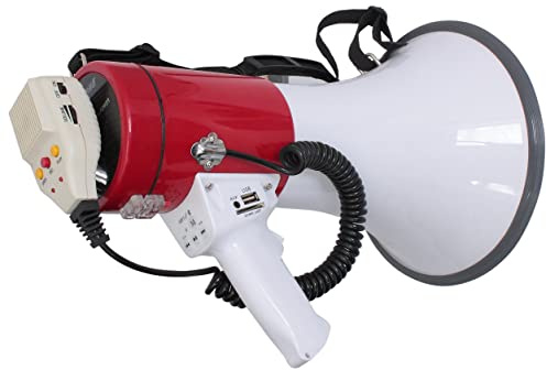 MEGA50USB - LTC - Uppladdningsbar megafon på 50 W med avtagbar mikrofon, siren, USB-, SD-, AUX- och MP3-kontroller, handtag, axelrem och meddelandeinspelning - Vit och röd