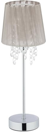 Relaxdays Tischlampe Kristall, Lampenschirm aus Organza, runder Standfuß, Nachttischlampe, HxD 41 x 14,5 cm, grau/silber
