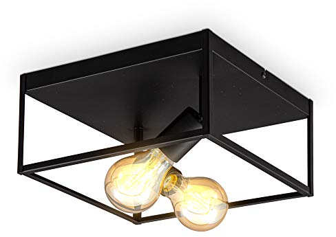 B.K.Licht Plafoniera quadrata con 2 punti luce, attacco per 2 lampadine E27 non incluse, lampada da soffitto in metallo nero opaco, 29x29x14cm