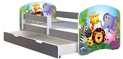 ACMA Kinderbett Jugendbett mit Einer Schublade und Matratze Grau mit Rausfallschutz Lattenrost II Spielbett Kinderzimmer Möbel (01 Zoo, 140x70 + Bettkasten)