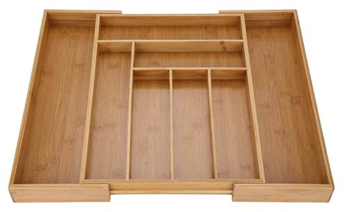 Bamboo Drawer Organizer, Cutlery Drawer Insert Premium Extendable Cutlery Tray, Adjustable Multipurpose Storage Tray Drawer Divider for Silverware Flatware Knives in Kitchen Bedroom Living Room