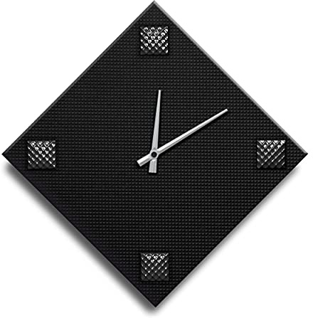 Mareli Reloj de Pared, Ancho 42 x 42 cm, Esfera de Madera de 4 mm recubierta con Papel gofrado Negro con aplicación de 4 Tachuelas de Metal esmaltado de Color Negro, Lado rombo 30