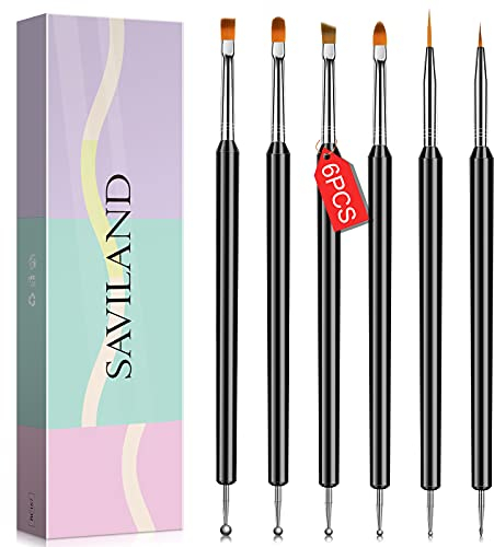 Saviland 6Pcs Nail Art Brushes, Double End Nail Brushes For Gel Nails Dotting Drawing Painting Nail Art Tools for Gel Polish Nail Designs Nail Carving French Nails