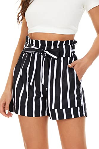 GOLDPKF Shorts Damen Kurze Hoseleinen Bermuda Shorts Sommerkleid Paperbag Shorts Kawaii High Waist Damen-Shorts Kurze Sporthose Mit Gummizug Und Taschen Mädchen Streifen X-Large 44