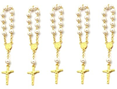 5 Stück Taufe Rosenkranz, Gold Rosenkranz Armband, Kreuz Christian Armband, Rosenkranz Dekoration, für Taufe Gefälligkeiten Taufe Kommunion Hochzeit Party Gefälligkeiten