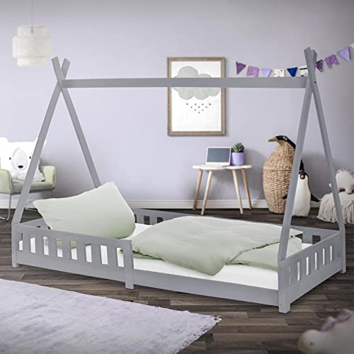 ML-Design Kinderbett Tipi 90x200 cm Hellgrau mit Rausfallschutz und Lattenrost, aus Kiefernholz, Indianer Bett für Mädchen & Jungen, Hausbett mit Zaun, Bodenbett Kinderhaus Jugendbett Spielbett Zelt