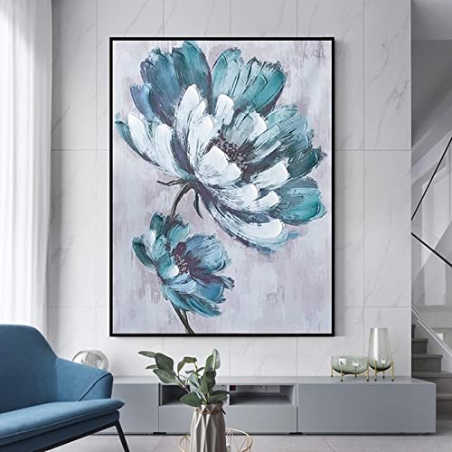 Acrylbilder,Moderne Abstrakte Vintage Blau Blühende Pfingstrose Blume Kunstwerk Rahmenlose Original Handgemalte Ölgemälde Auf Leinwand Wandkunst Für Wohnzimmer Schlafzimmer Büro Wohnkultur,80X1