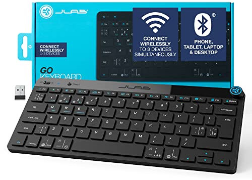 JLab Go Wireless Keyboard - Small Bluetooth Keyboard with 2.4G USB Connectivity, Multi Device Quiet Portable Keyboard for iPad/iPad Mini/Tablet/PC/Laptop/Android/Apple Mac, Flat Compact Design