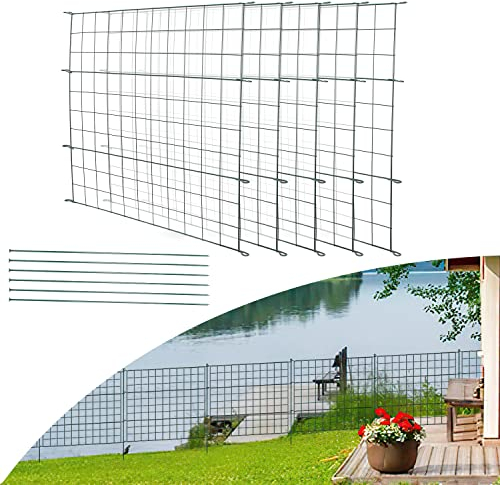 Izrielar Teichzaun Gartenzaun Komplettset, 11 Stück Set Metallzaun Gitterzaun, für Hunde - 5 Zaunelemente 6 Befestigungsstäbe (Gerade), Länge 3,75 m Gartenzäune Grün