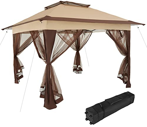 tectake® Gazebo Pieghevole, Padiglione Gazebo da Esterno con 4 Zanzariere Removibili, Sistema a Doppio Tetto, Resistente ai Raggi UV, Borsa Inclusa, 364x364x29 cm - Marrone