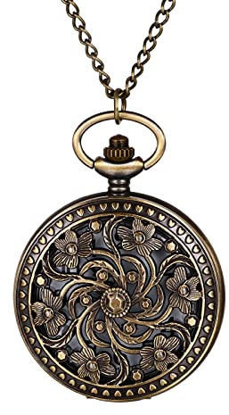Avaner Hollow Out Pocket Watches: Bronze Flower Analog Quartz Pocket Watch with Chain for Men and Women
