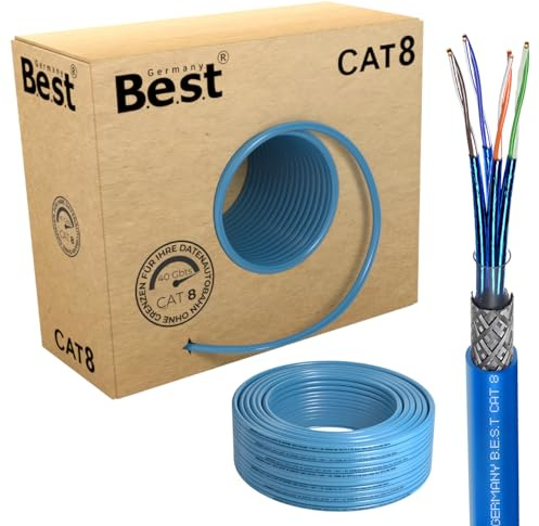 Germany B.e.s.t Câble réseau CAT 8 en cuivre pur - 100 m - Câble LAN - Câble Ethernet S/FTP - 40 Gbit/s - Catégorie 8 - Câble de données PoE++ LSZH - Simplex