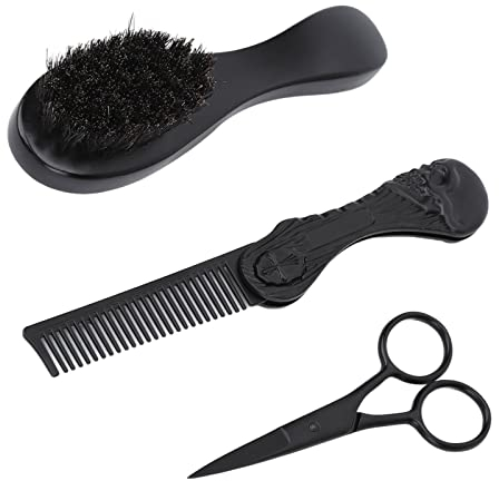 Kit para el Cuidado de la Barba con Cepillo, Tijeras, Peine Plegable - Crea Barba en Forma de W, O, D - Diseño Ergonómico - Cerdas Suaves - Set de Aseo para Hombres con Peine
