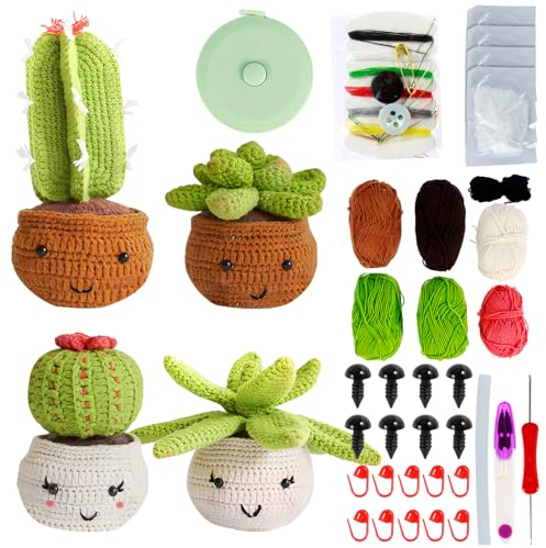 Fyeme Crochet Häkelset Häkelset Kaktus 4 Stück Häkelset für Anfänger Anfänger-Häkel-Starter-Kit mit Häkelnadeln Garn Anleitung und Video Kreativ Basteln Stricken Häckeln Set für Erwachsene Kinder