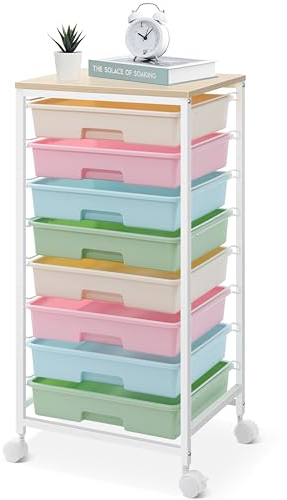 SYKIARIOL Chariot de salle de bain avec 8 tiroirs, chariot de rangement à roulettes avec plateau en bois pour salon, chambre à coucher, bureau, grande capacité, chariot de bricolage, multicolore