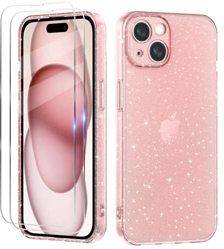 Cover Compatibile con iPhone 15 Plus Custodia Glitter, 2 Pezzi Pellicola Protettiva in Vetro Temperato, Brillantini Custodia Morbido TPU Protezione Trasparente Antiurto Case - Rosa