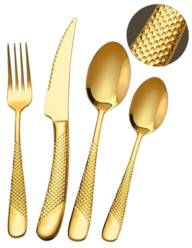SHEUMNT 24-Piece Modern Hammered Gold Stainless Steel Cutlery Set | Ultra Sharp 2-in-1 Serrated Knife, Utensil Set Made of Silverware Set for 6 People, Knife Fork Spoon Set