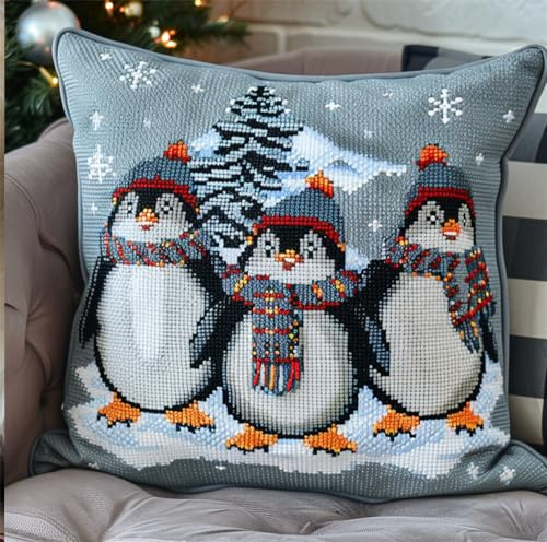Knüpfkissen Set, Latch Hook Kissen Kit Pinguin Im Schneefür Kinder Oder Anfänger Erwachsene Zum Selber Knüpfen, Diy Knüpfteppich Knüpfpackung, Knüpfhaken Set 43 X 43 Cm