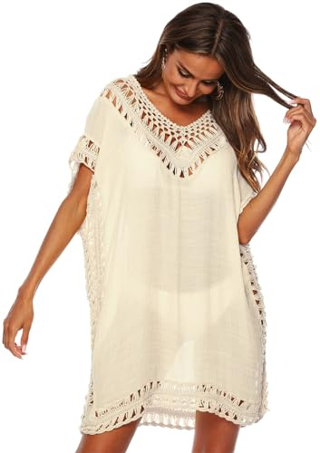 KANDEMY Damen Sommer Bikini Cover Up V-Ausschnitt Strand Poncho Strandkleid mit Cutout Crochet Sommer Kleider für Urlaub Aprikose L