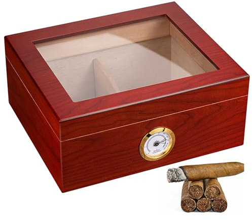 POCDOKYZ Zigarren-Humidor aus Zedernholz, große Kapazität, transparent, 260 x 220 x 111 mm, Hygrometer + Luftbefeuchter + Glasplatte für Männer und Frauen, für 50 Zigarren, Rot