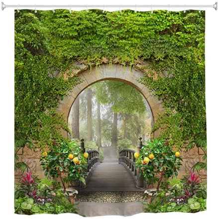 goodbath Garden Shower Curtain Outdoor, 3D Summer Sunny Park Arch Scenery Bath Curtains for Bathroom Fence Wall, 180 x 180 cm,Green