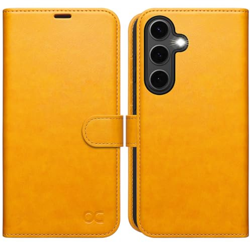 OCASE for Samsung Galaxy S24 FE Case, PU Leather Wallet, Tangerine Yellow