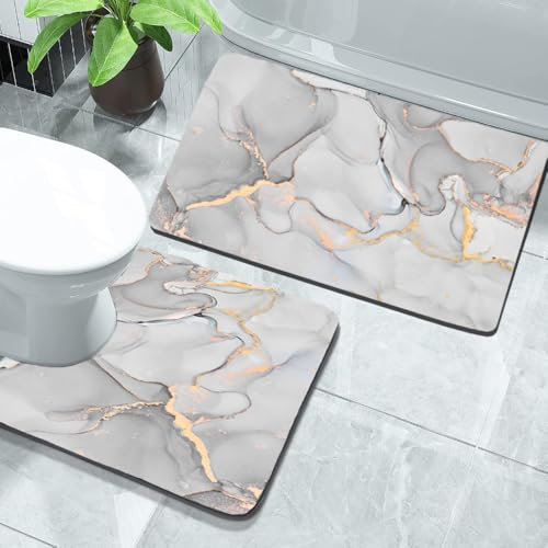 Gray white stone Bath Mat 2 Piece Sets Non-slip bath mats, absorbent marble bathroom mat with quick absorption and rubber backing, door mat Gray floor mat, washable shower mat +Toilet contour mat