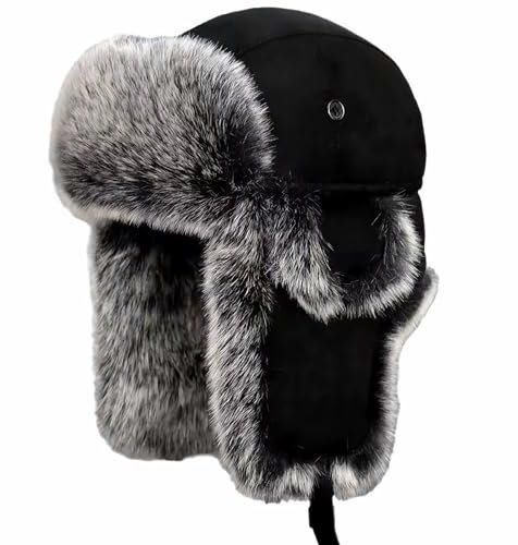 YUERYXH Verdickte Trappermütze Aus Plüsch für Herren, Bequeme Warme Wintermützen, Jagd-Outdoor-Mütze Mit Klappen Aus Kunstpelz Zum Wandern(Black)