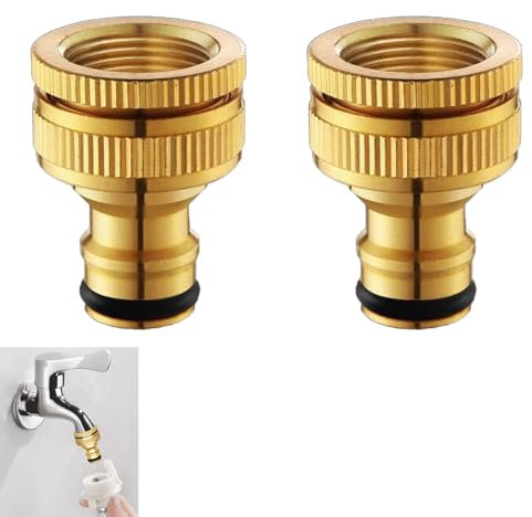 2 Pcs Brass Tap Hose Connector,Garden Hose Pipe Connector Metal,Outside Tap Hose Adapter Attachments,3/4 & 1/2 Inch 2-in-1 Threaded Connectors,for Kitchen Faucet Outdoor Gardena Tool Hosepipe Fittings