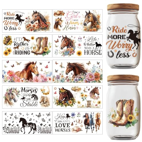 GOMAKERER UV DTF Cup Wrap,10 Blatt Transferaufkleber Wasserfestes Zum Aufreiben Mit Pferde Schmetterlings Blumenmotiven Tassenfolien Abziehbilddruck UV Transferpapier Für Gläser Tassen Möbel
