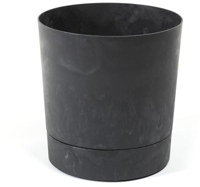 LAMELA Pflanzgefäß mit integriertem Untersetzer, Breite 17,5 cm – 2,5L – Schwarzer Blumentopf in Betonoptik für Innen & Außen – Wetterfest & Pflegeleicht