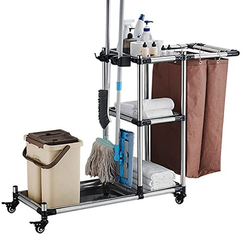 Janitorial Cart, Stainless Steel Cleaning Trolley with Waterproof Storage Bag and Wheels, Rolling Mop Broom Organizer Rack for Garages and Hotels