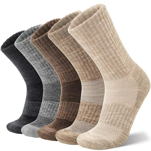 ANTSANG Chaussettes Unisex en Laine Mérinos pour Hommes Femmes Randonnée Marche Chaudes Épaisses Hiver Montantes 5 Paires(Kaki,42-46)