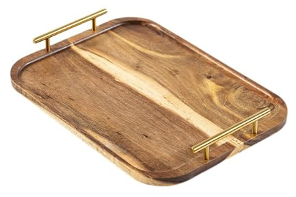 MultiBey Acacia Wood Serving Tray with Metal Handles, 40 * 29 cm | Rustic Wooden Tray for Coffee, Breakfast, Drinks and Bathroom Storage with Portable Durable for Home Use