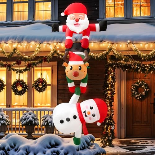 Fayavoo 240 cm Aufblasbare Weihnachtsdekorationen, Hängender Weihnachtsmann und Fallender Elch-Schneemann, Weihnachtsdekorationen mit LED-Lichtern, Geeignet für Dach, Fenster, Rasen, Garten