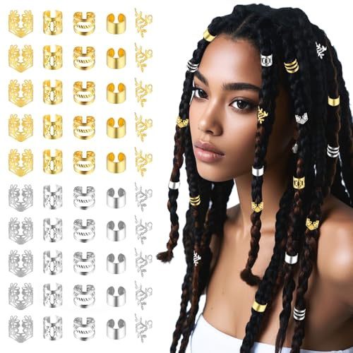 50 Pcs Dreadlocks Beads Aluminum Hair Jewellery, Gold & Sliver Hair Cuffs Adjustable Braids Hair Rings, 5 Style Dread Locks Accessories for Women, Men